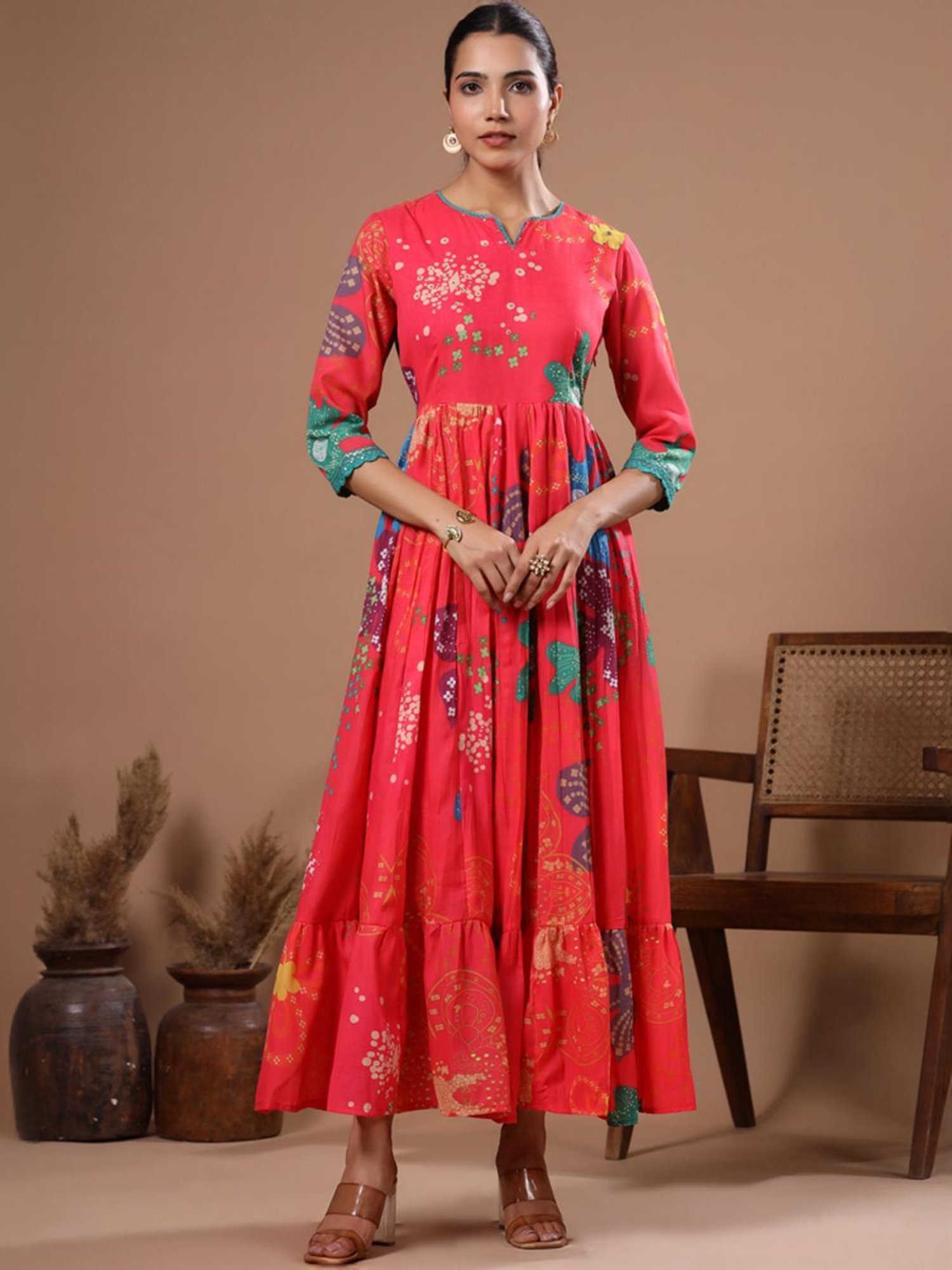 Fashor Pink Cotton Printed Maxi Dress