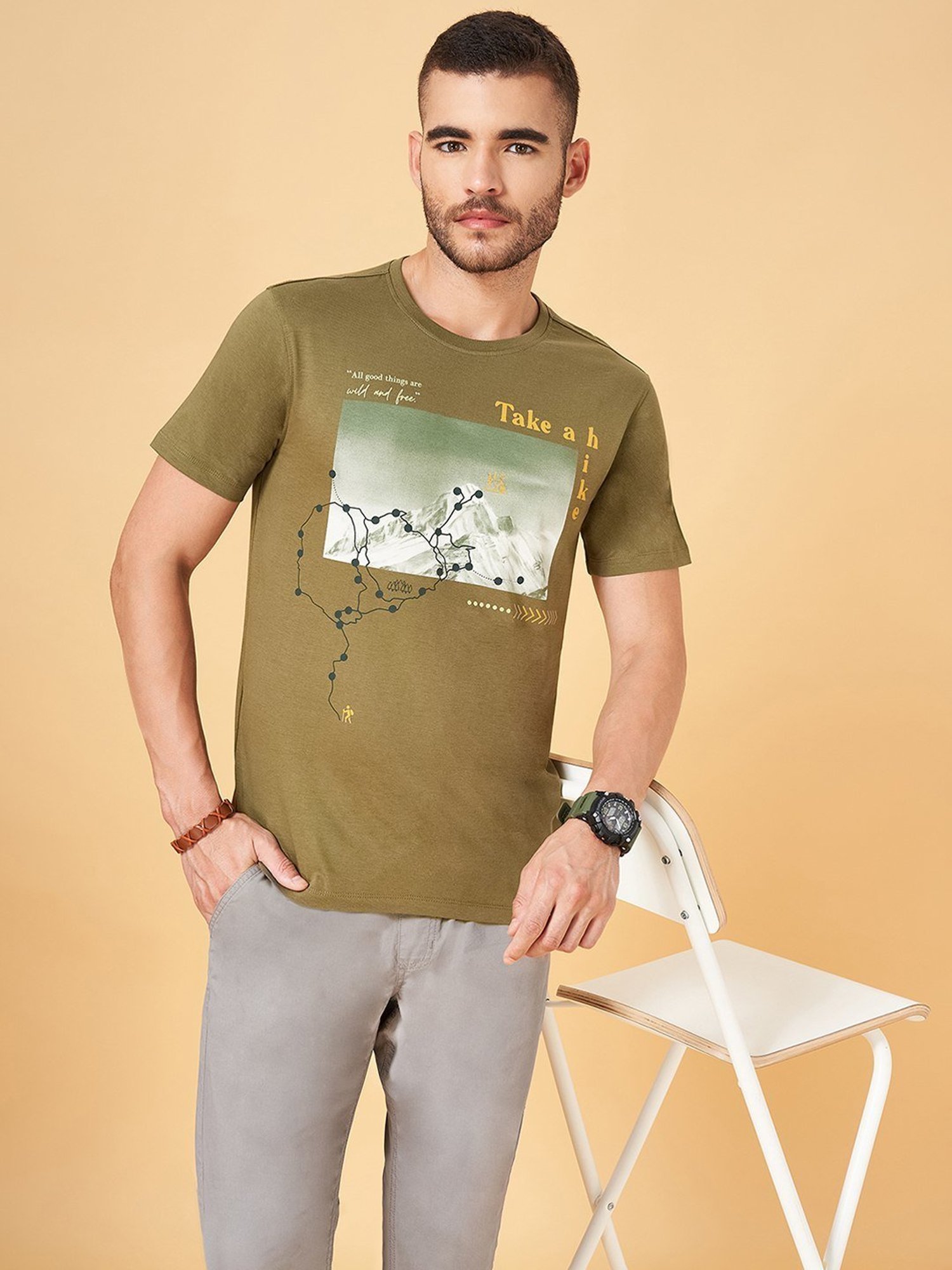 Urban Ranger by Pantaloons Light Olive Cotton Slim Fit Printed T-Shirt