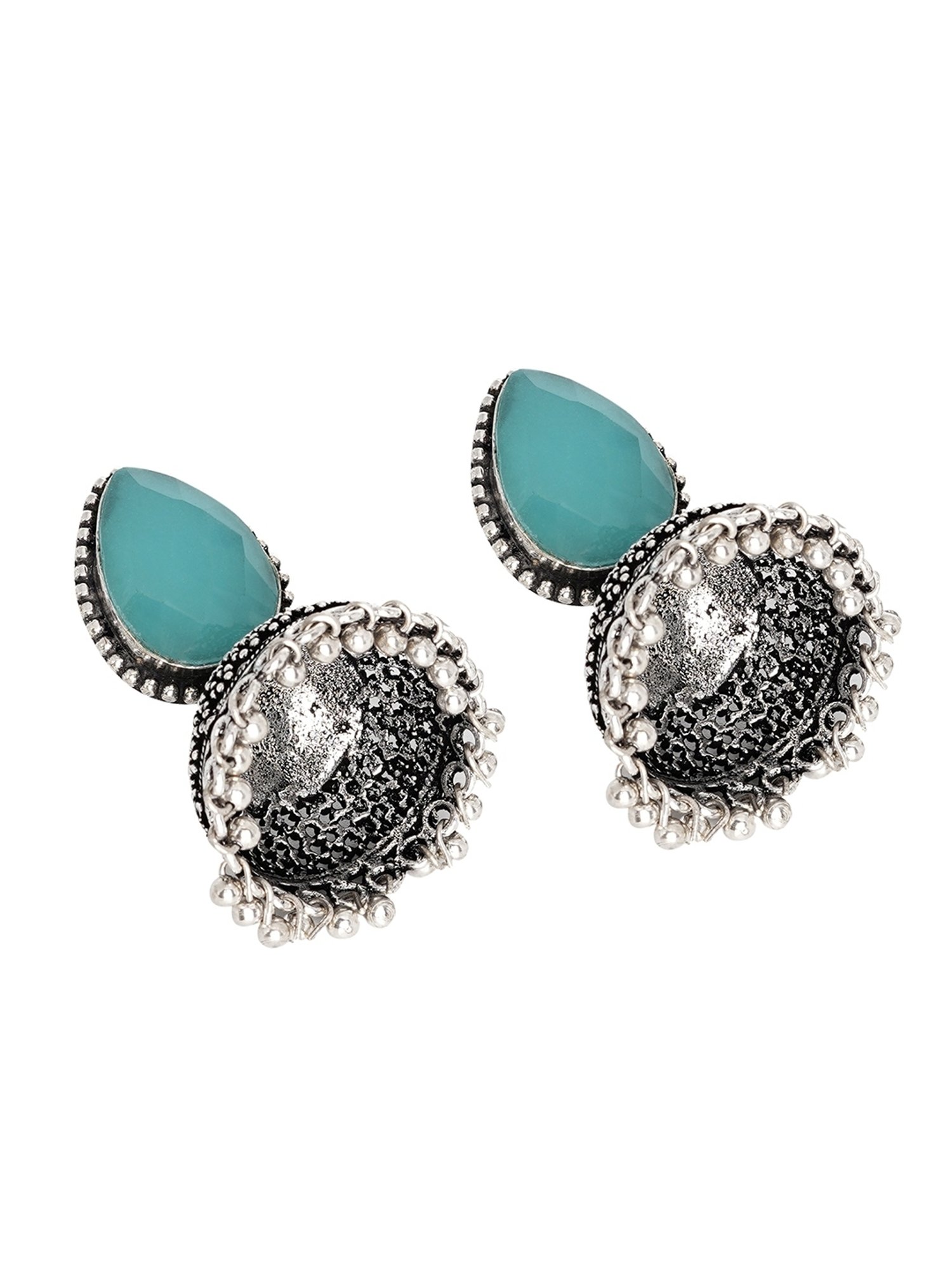 Teejh Ethnic Shanya Light Blue Stone Silver Oxidized Jhumki Earrings