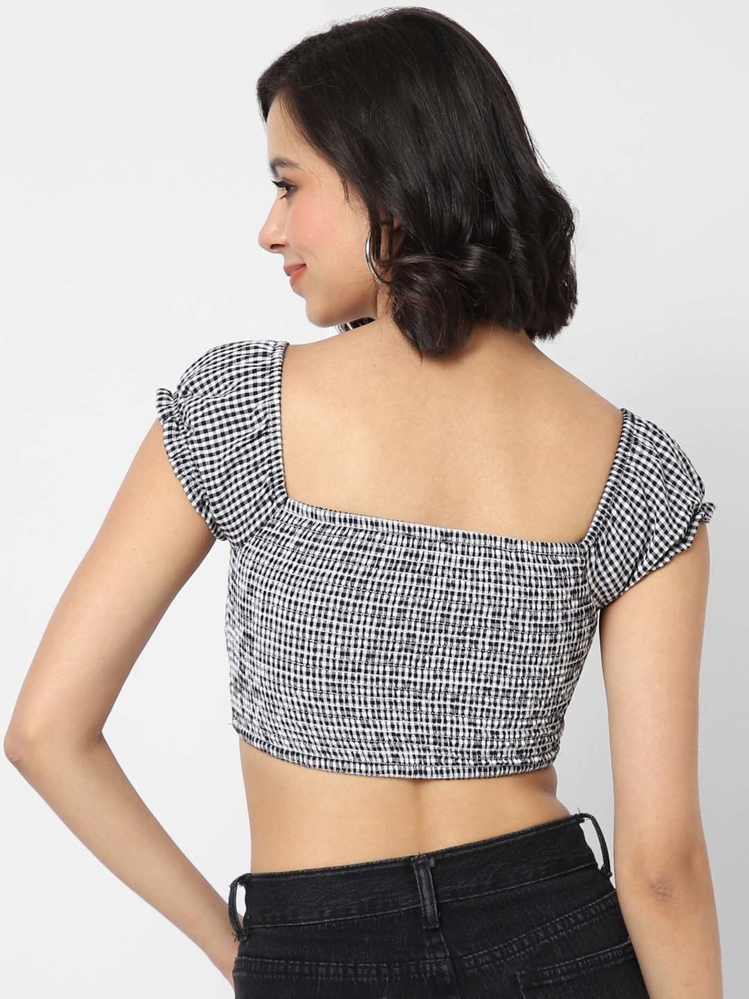 VASTRADO Black Cotton Chequered Crop Top