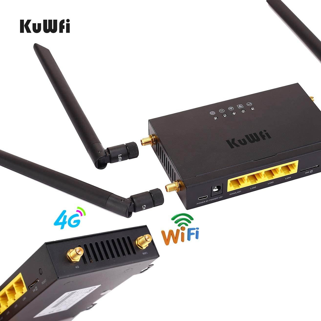 KuWFi 4G LTE Car WiFi Wireless Internet Router 300Mbps Cat 4 High Speed Industry CPE with SIM Card Slot and 4pcs External Antennas for USA/CA/Mexico Not for Verizon sim Card
