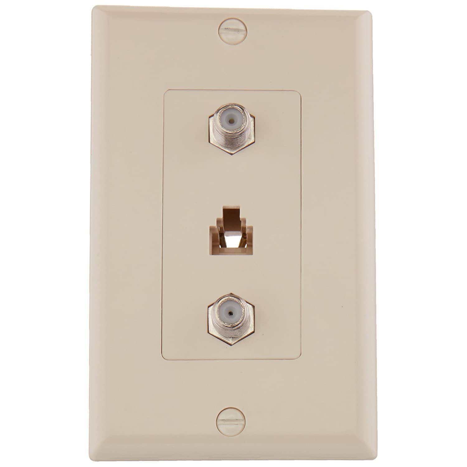 Morris 85233 Decorative Dual F Connector and Single RJ11 4 Conductor Phone Jack Wall Plate, 2 Piece, Almond