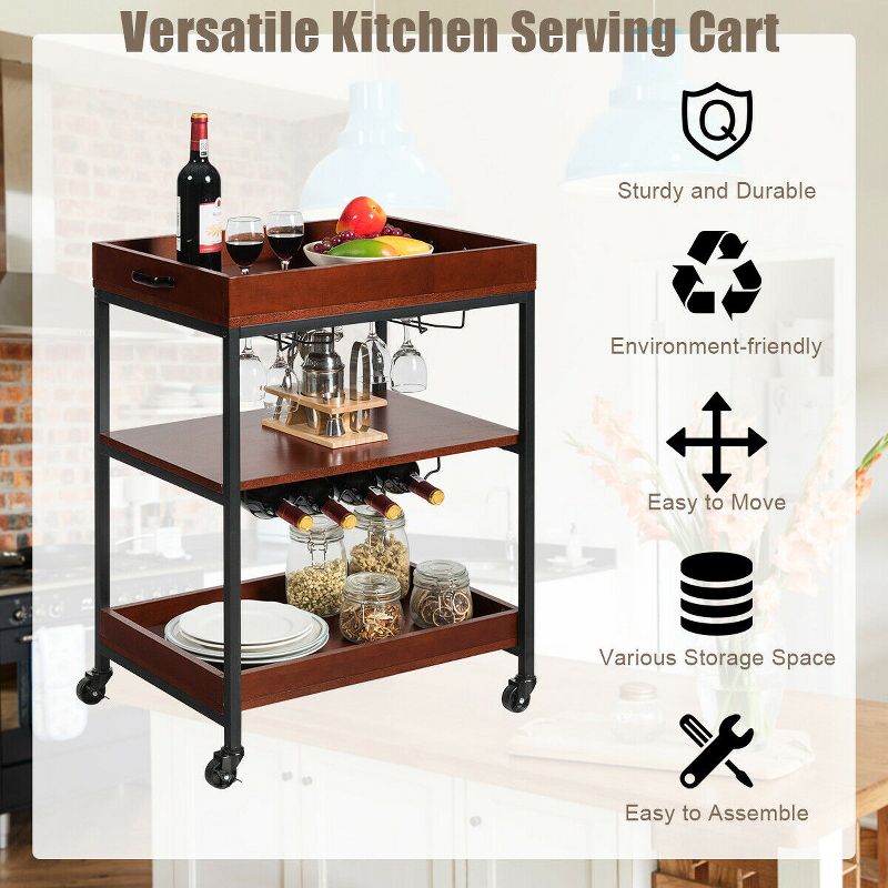 Costway 3 Tier Trolley Cart Kitchen Island Serving Bar Cart w/ Glass Holder & Wine Rack