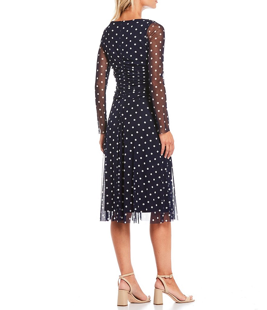 Jessica Howard Long Sleeve Ruched Waist Dotted Mesh Midi Dress