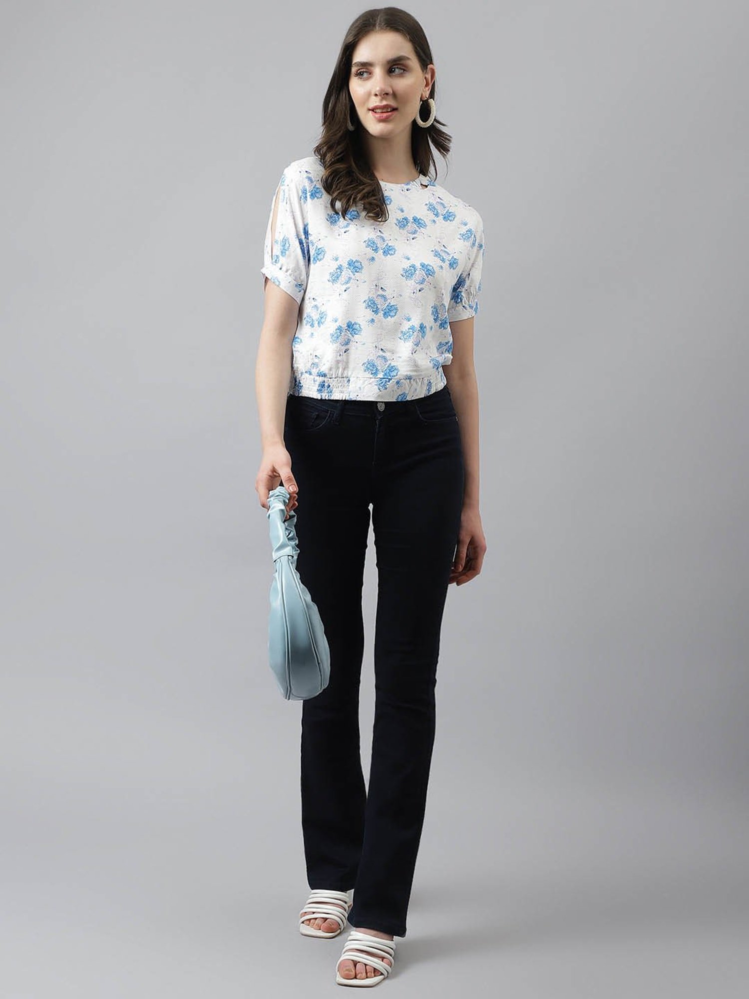 Latin Quarters White & Blue Floral Print Top