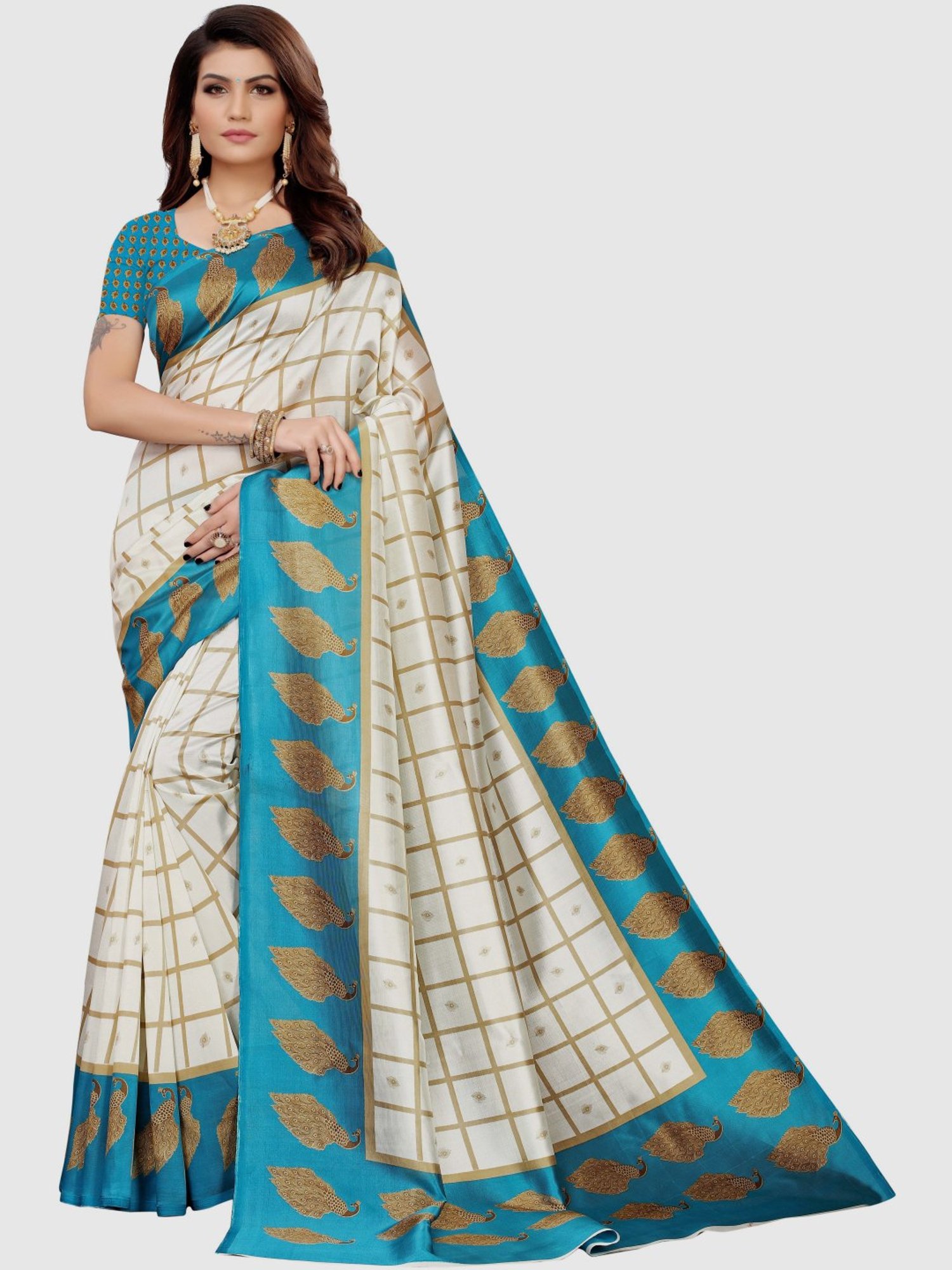 KSUT Off-White & Blue Printed Saree With Blouse