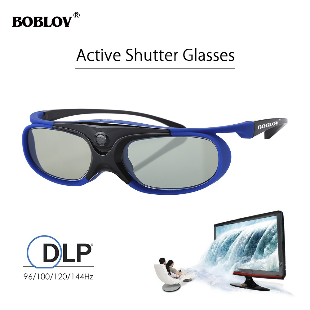 BOBLOV JX-30 3D Active Shutter Glasses DLP-Link 96Hz/144Hz USB Rechargeable Home Theater Blue For BenQ Dell Acer Optama Sony Projector