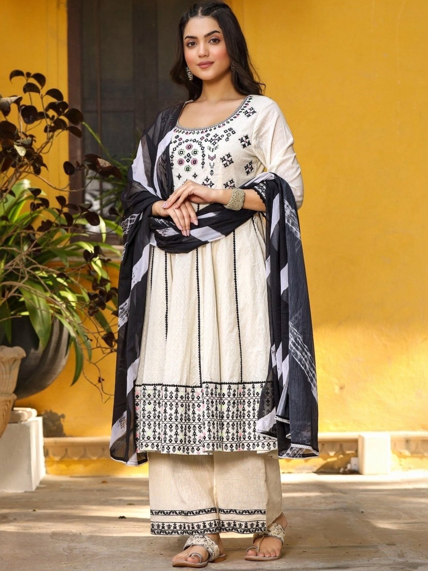 Juniper Off-White Cotton Embroidered Kurta Palazzo Set With Dupatta