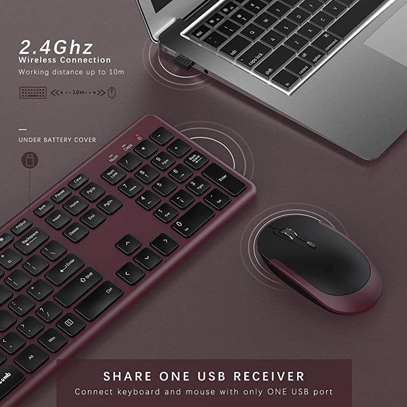 Wireless Keyboard and Mouse,  2.4GHz Ultra Thin Full Size Wireless Keyboard Mouse Combo Set with Number Pad for Computer, Laptop, PC, Desktop, Notebook, Windows 7, 8, 10-(Wine Red and Black)