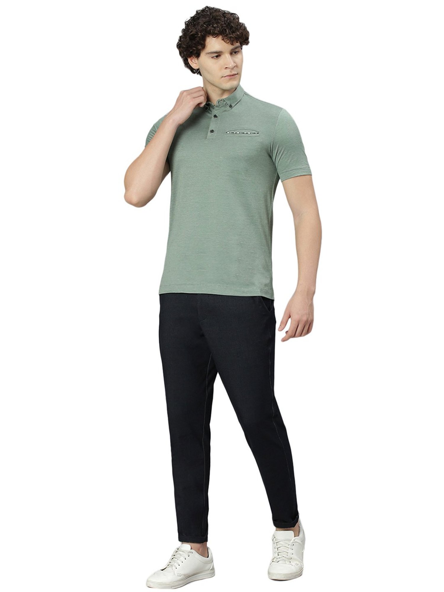 Slowave Black Regular Fit Denim Flat Front Trousers