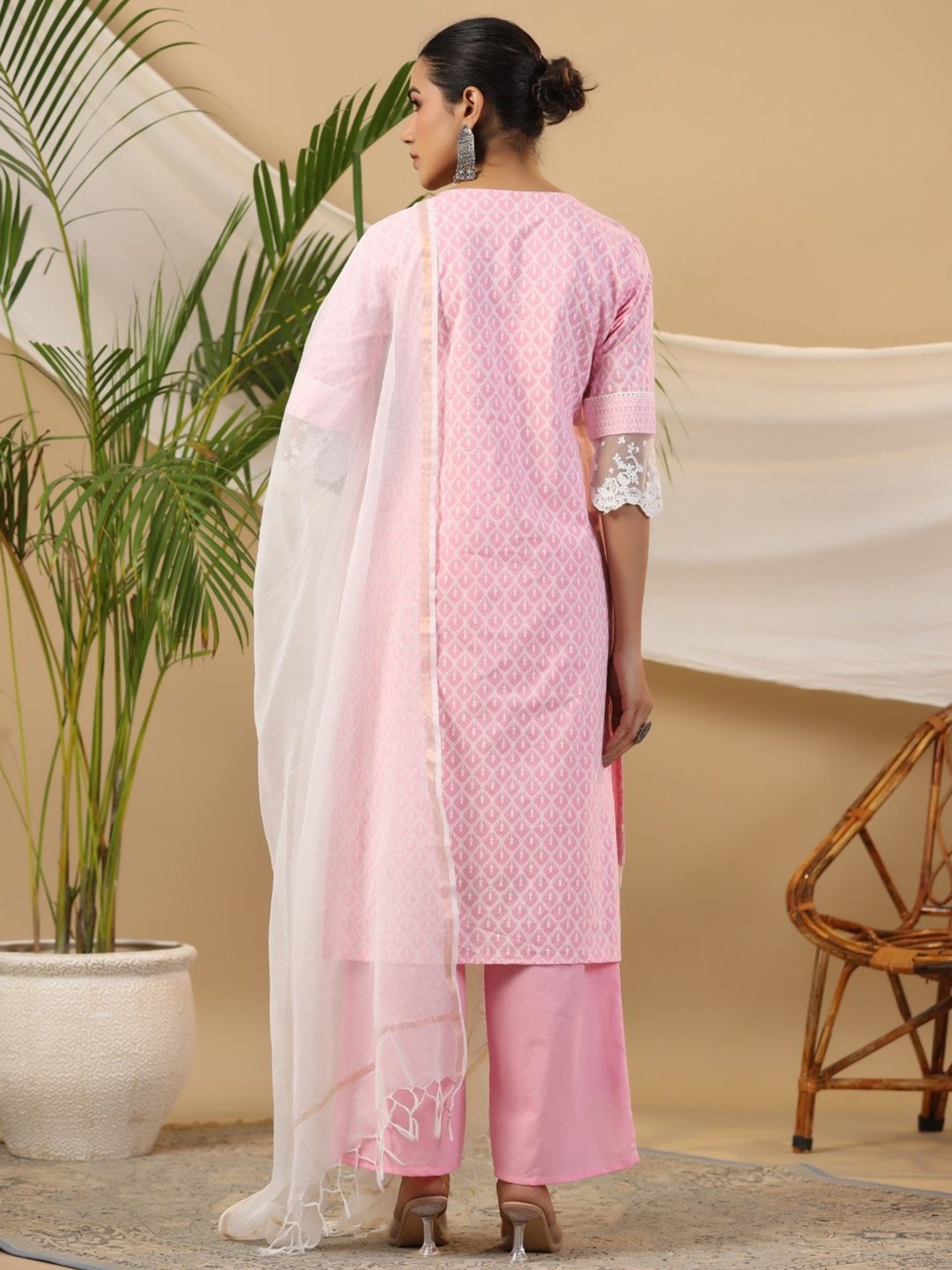 Juniper The Rooh Pink Ethnic Print & Lacy Cotton Kurta Palazzo Set With Lining & Kota Doria Dupatta