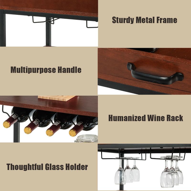 Costway 3 Tier Trolley Cart Kitchen Island Serving Bar Cart w/ Glass Holder & Wine Rack