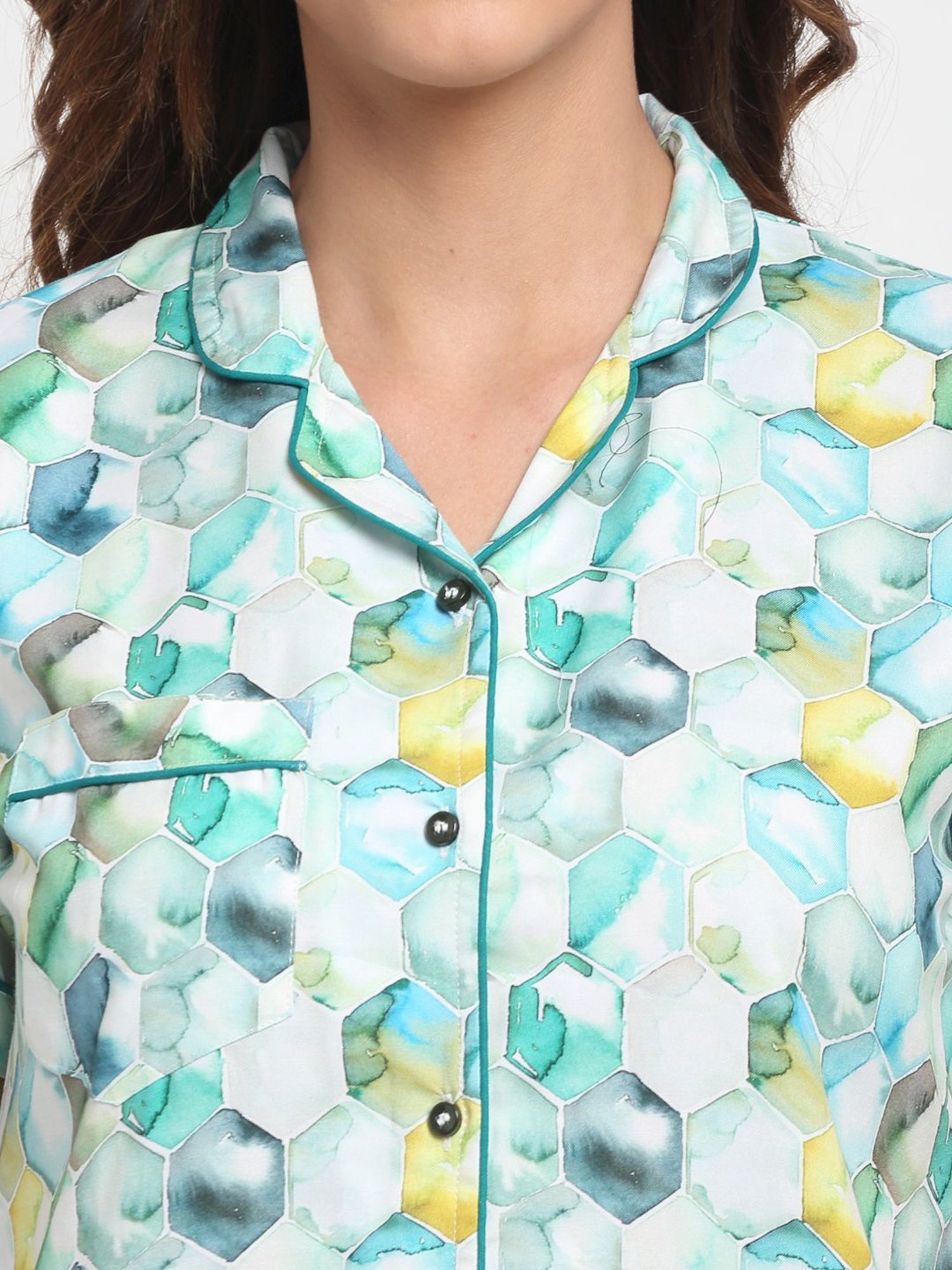 Erotissch White & Green Printed Shirt Pyjama Set