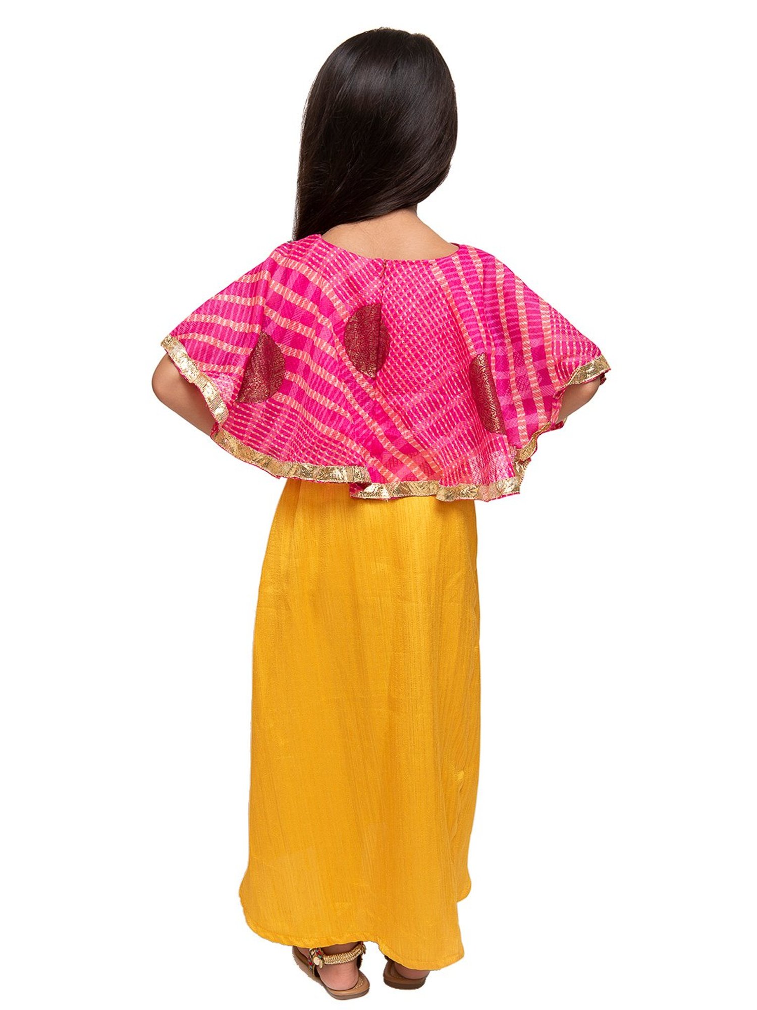 Fairies Forever Kids Pink & Yellow Printed Cape Top With Dhoti Skirt