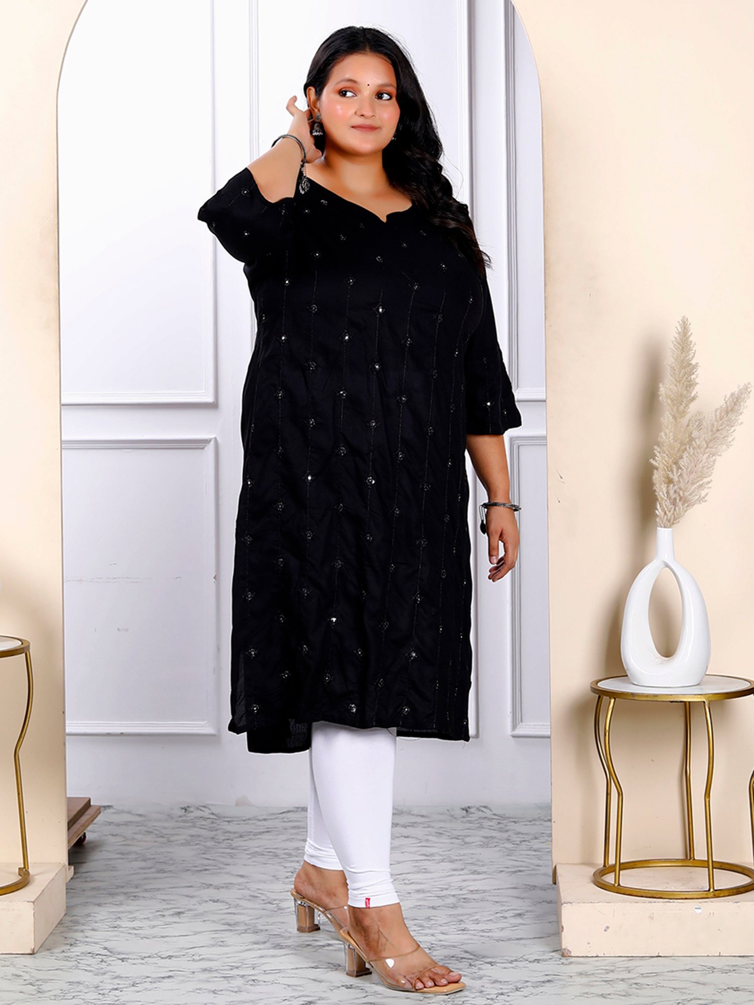 Miravan Black Embroidered Straight Plus Size Kurti