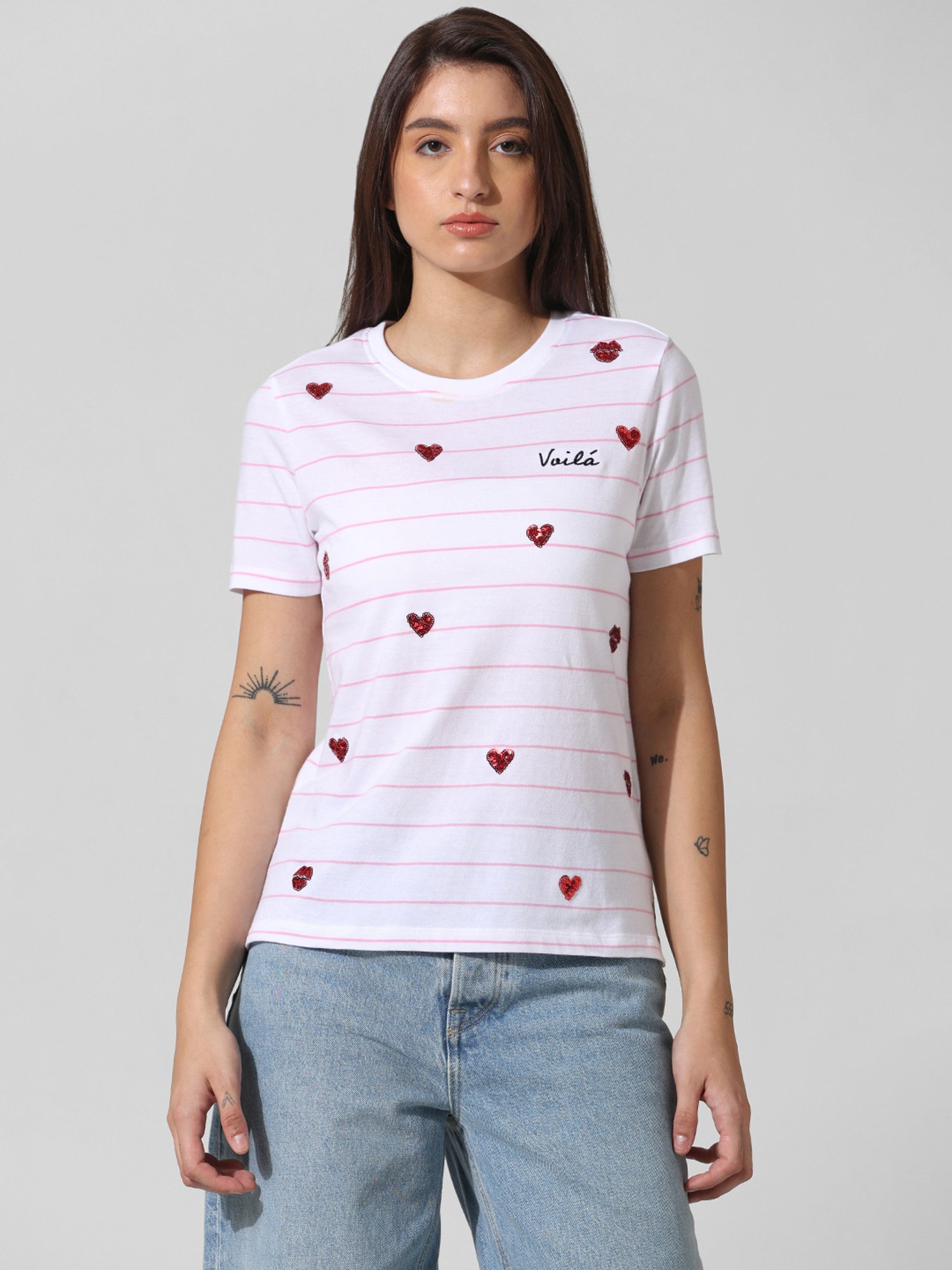 Only White & Pink Cotton Embellished T-Shirt