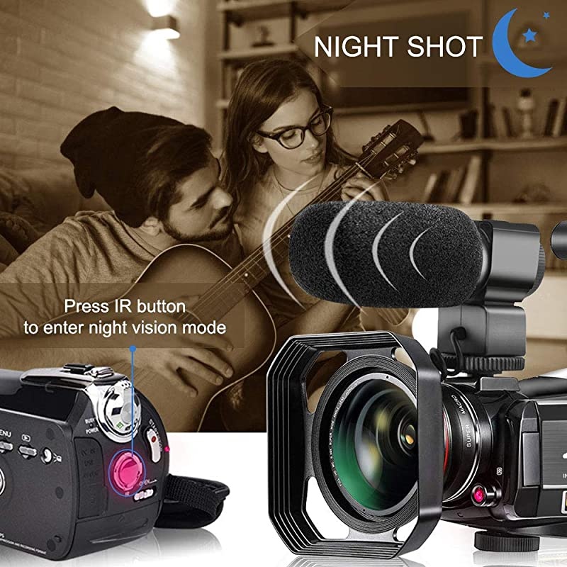 Video Camera,  4K Camcorder WiFi Ultra HD Vlogging Camera for YouTube, 3.1'' IPS Screen 30X Digital Zoom Night Vision Video Camera with Microphone, Wide Lens, 32GB Card, 2 Batteries