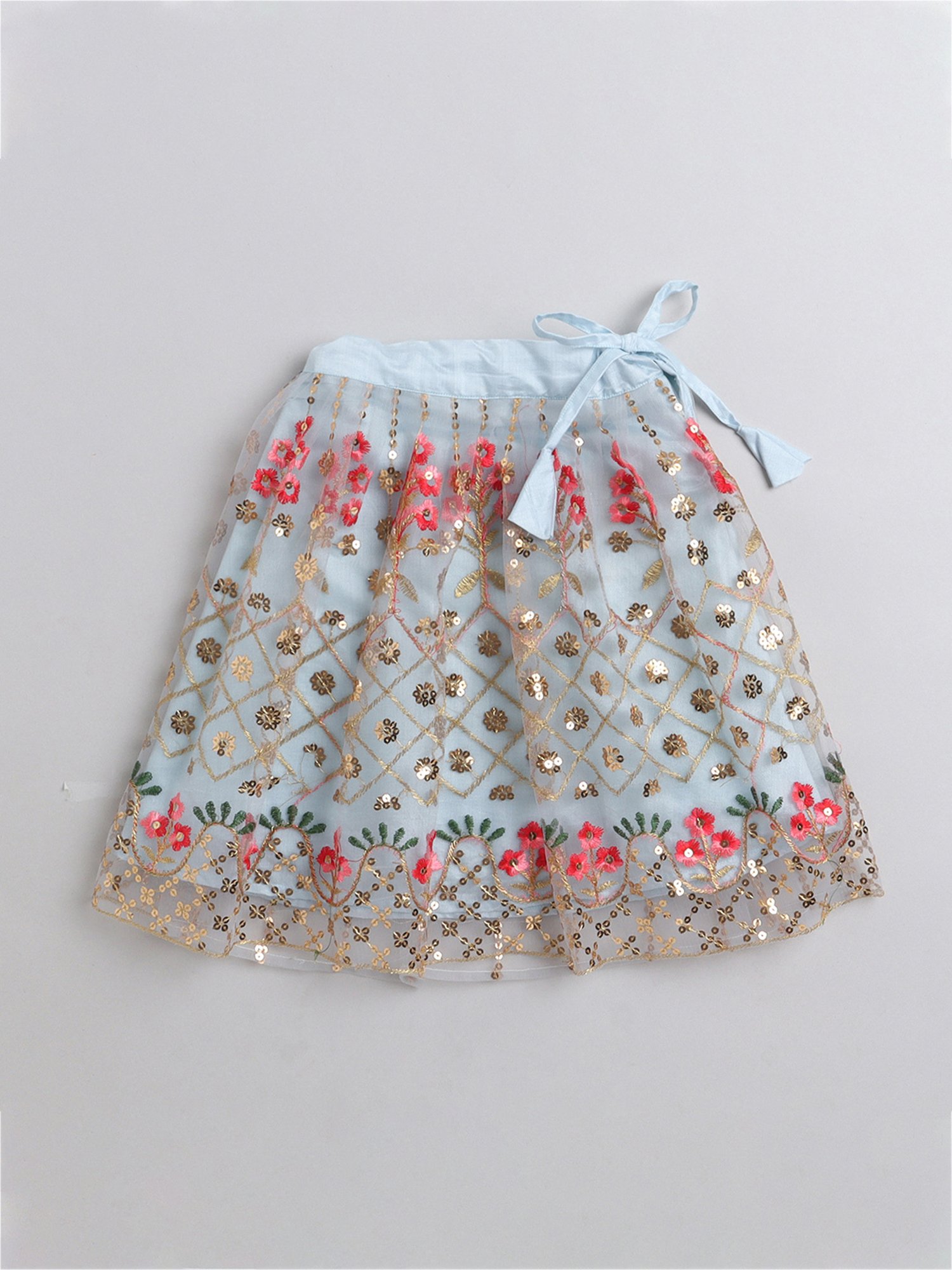 Many Frocks Kids Coral & Grey Embellished Lehenga, Choli with Dupatta