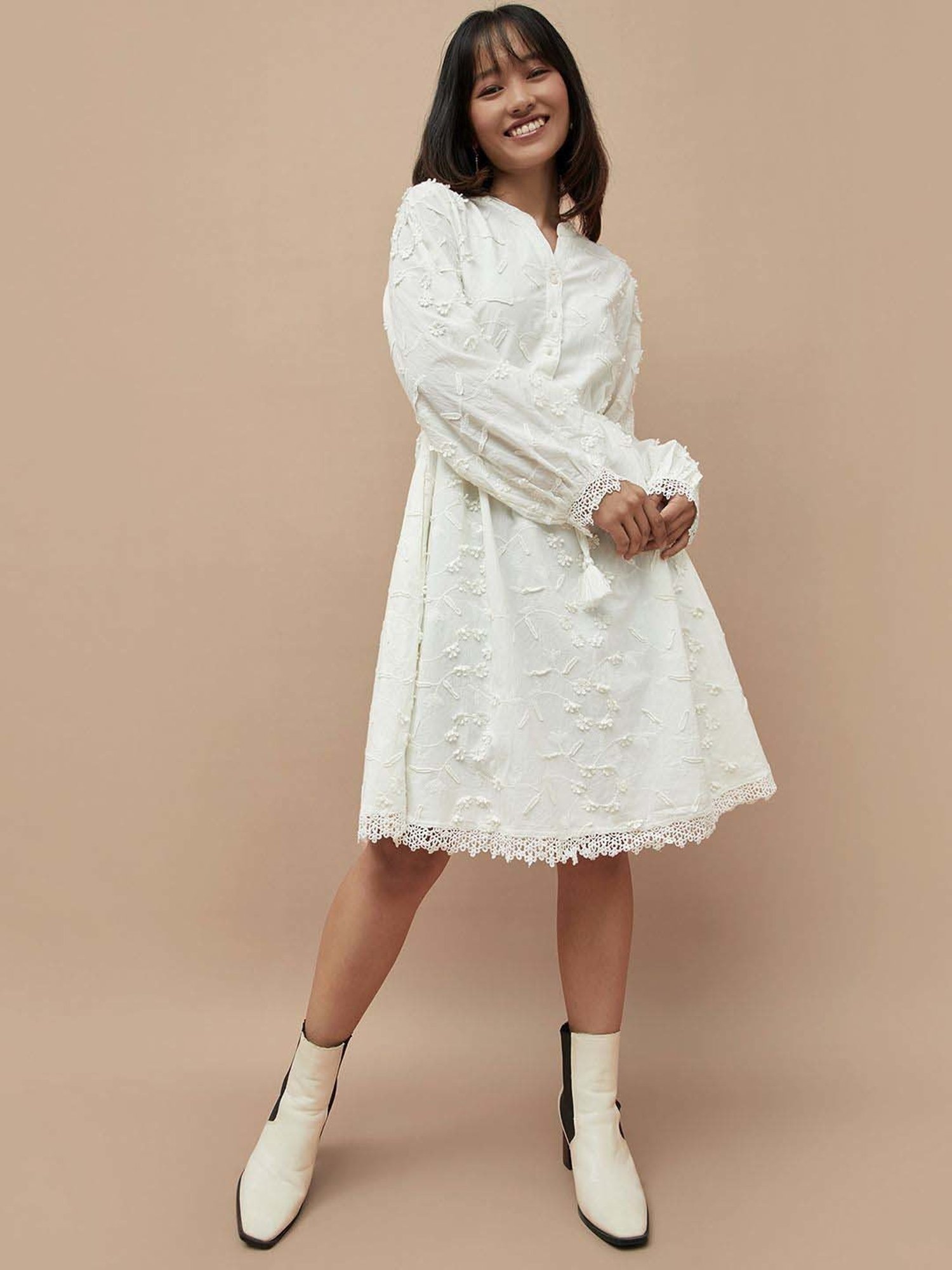 Colour Me by Melange White Cotton Embroidered A-Line Dress