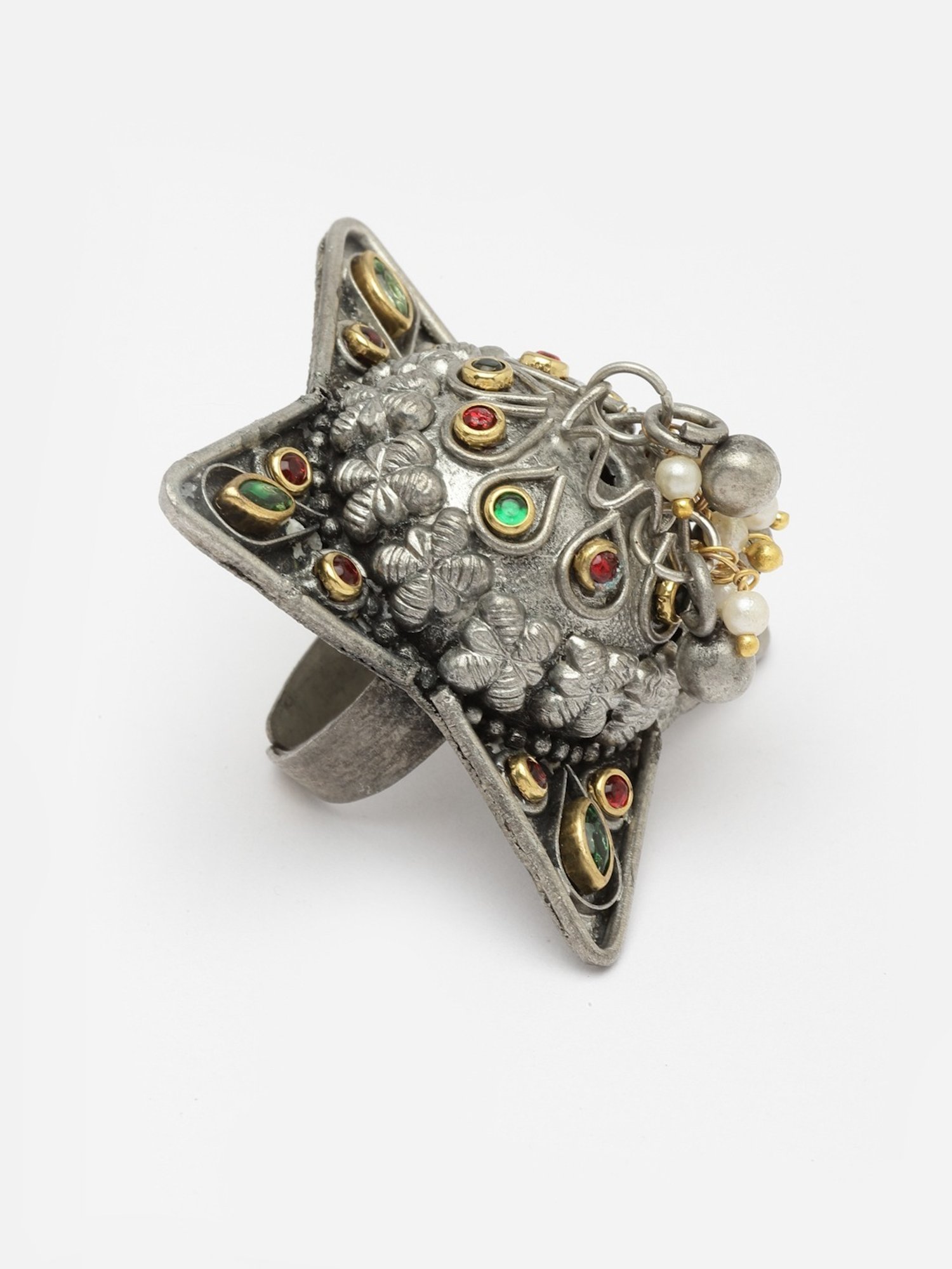 Moedbuille Stones Studded Antique Design Handcrafted Oxidised Silver Plated Finger Ring