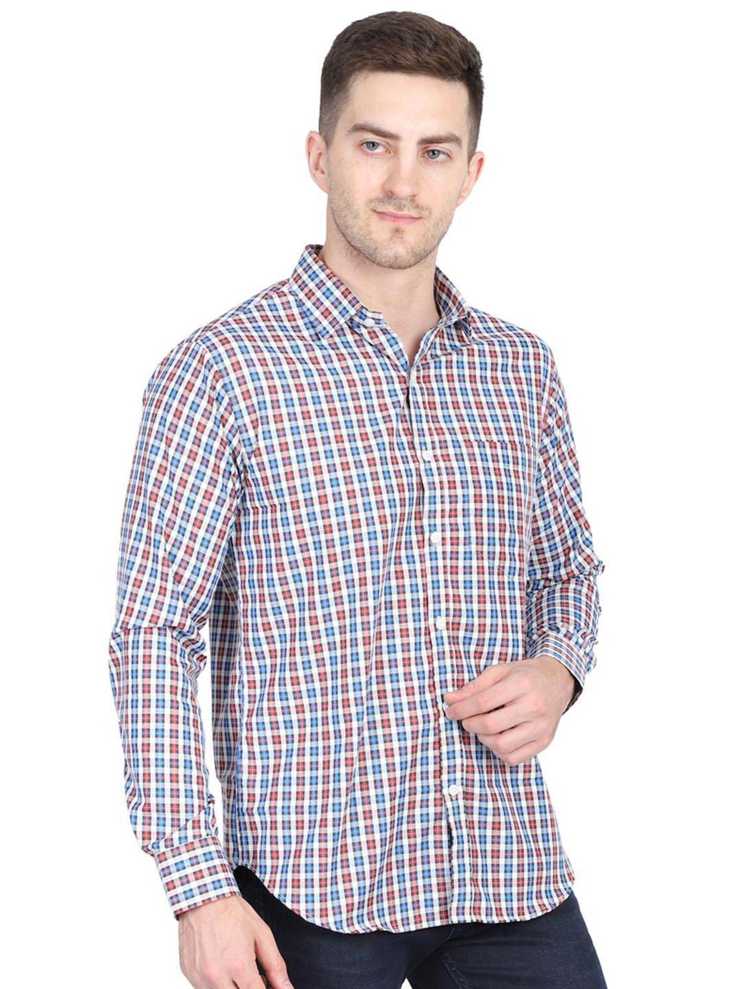 TAHVO Blue Cotton Slim Fit Checks Shirt