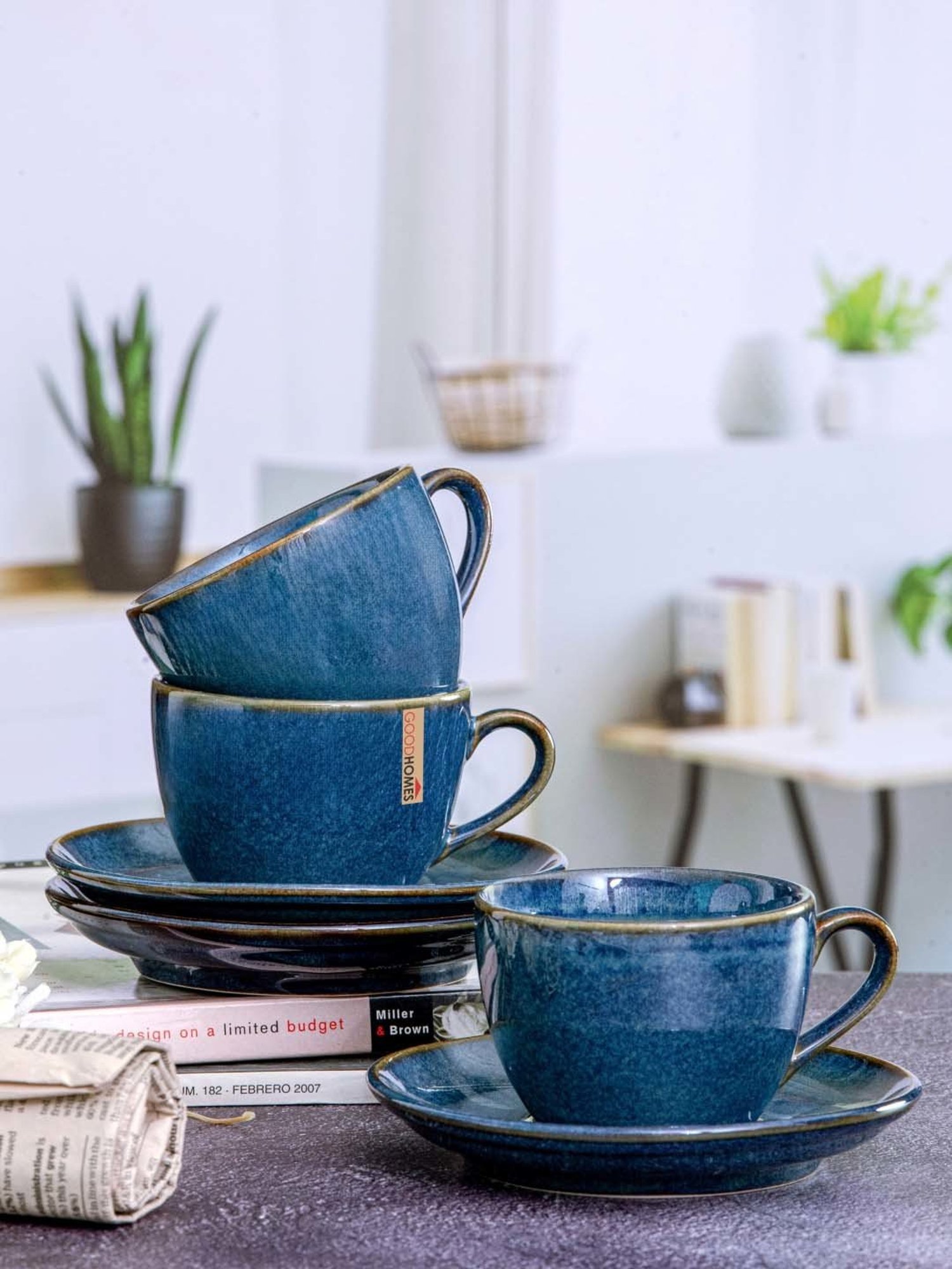 Goodhomes Blue Stoneware 4 Tea Cup & 4 Saucer(0.2 L)