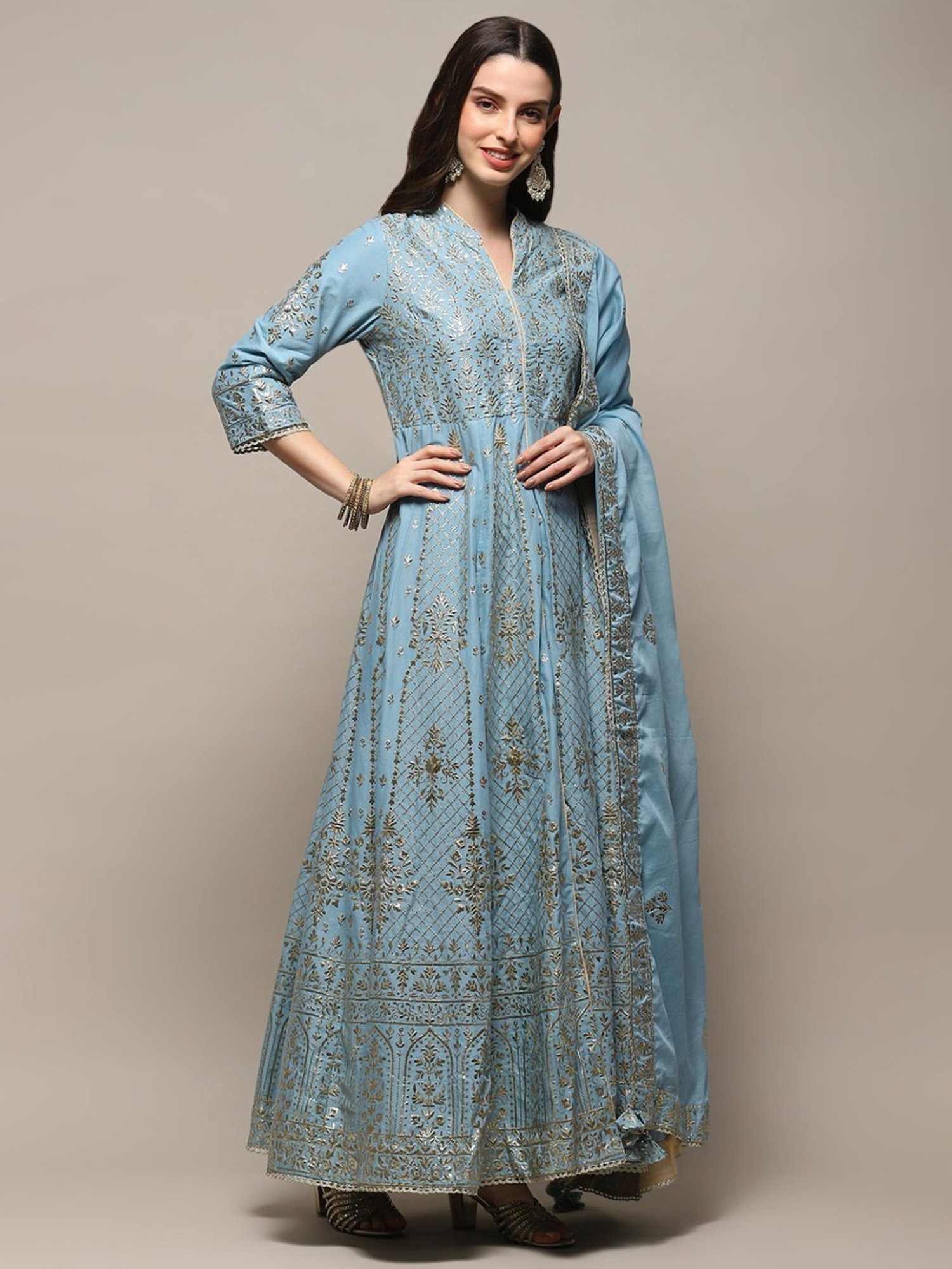 Biba Blue Embroidered Kurta Palazzo Set With Dupatta