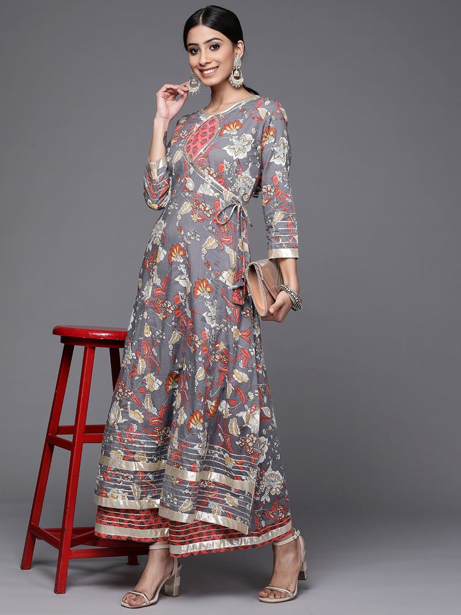 KSUT Grey & Pink Cotton Printed Kurta Palazzo Set