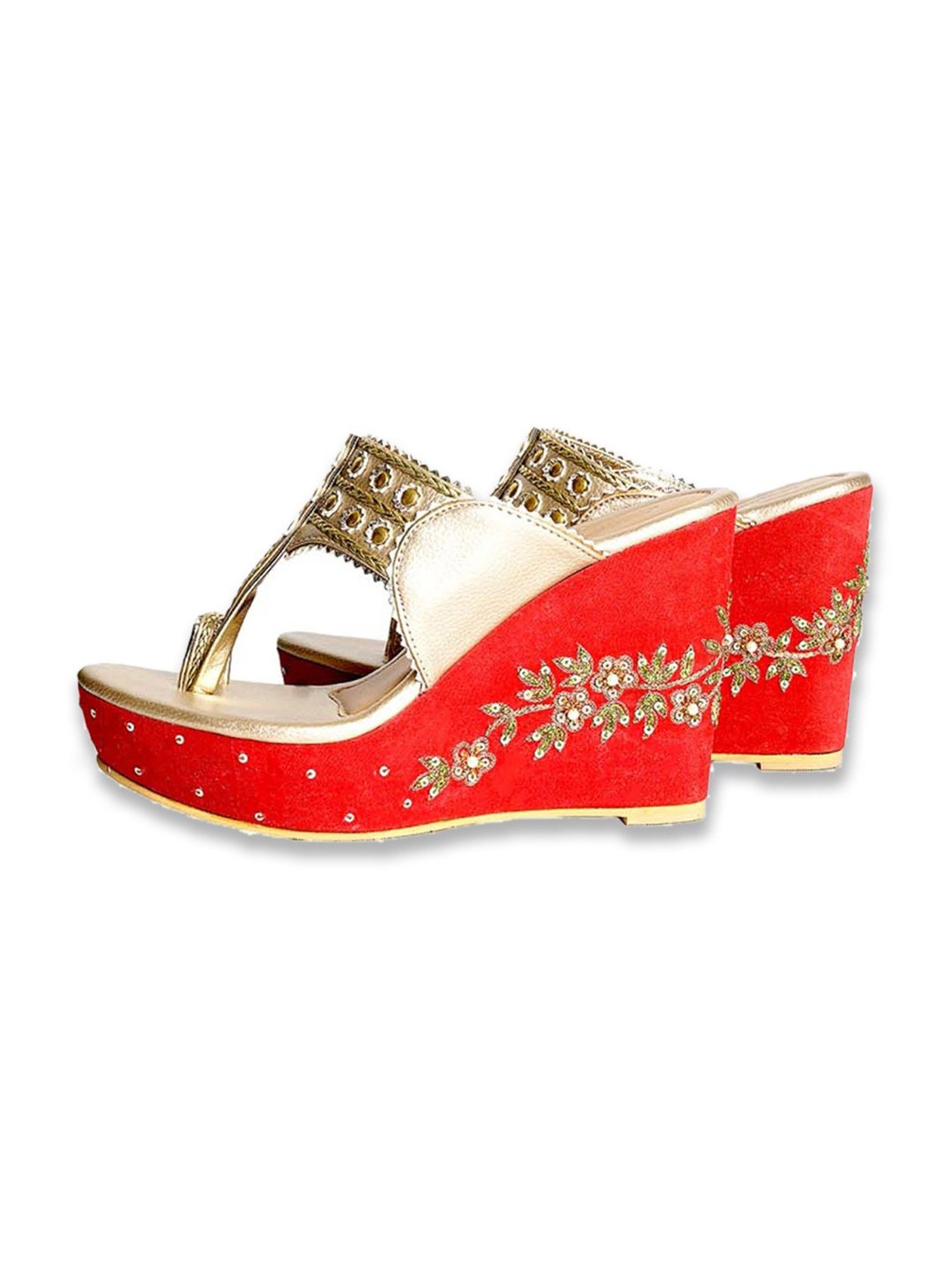 Sole House Women's Golden & Red Toe Ring Wedges