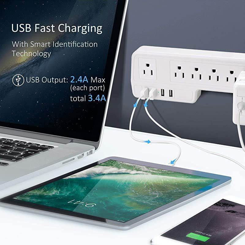 Mountable Surge Protector Power Strip  98ft 6 Outlets 4 USB Ports Electric Power Outlet with Right Angle Flat Plug Electric Long Extension Cord Power Charging Station for Home Office White