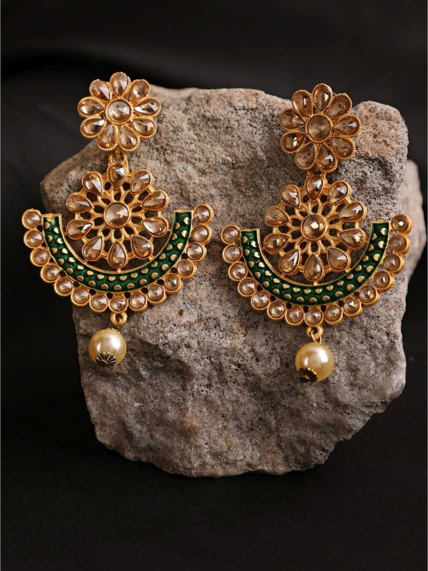Aatmana Gold- Plated Meenakari Green Chand Bali Earrings for Women