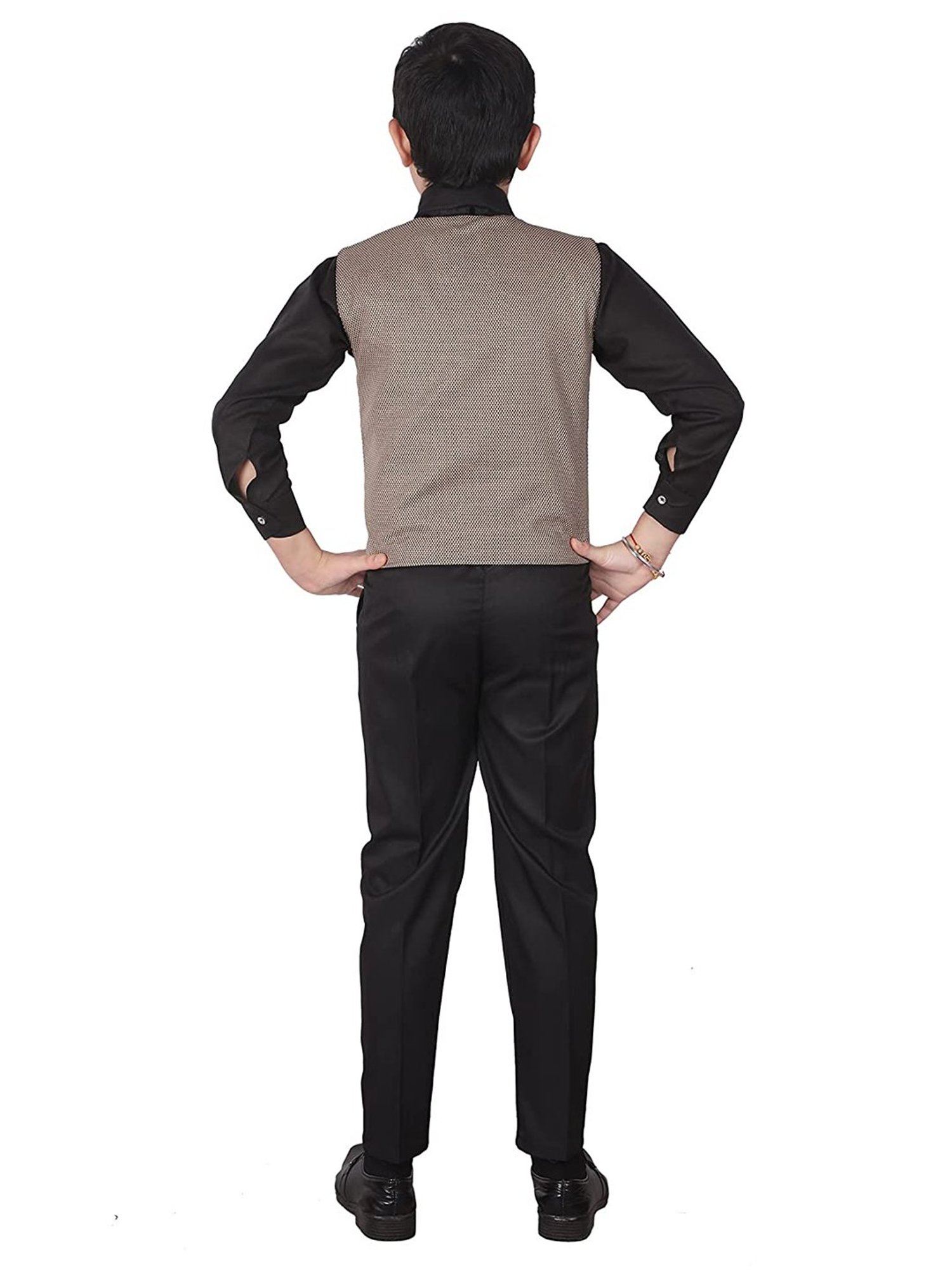 Pro-Ethic Style Developer Kids Beige & Black Printed Full Sleeves Shirt, Waistcoat, Pants with Bow