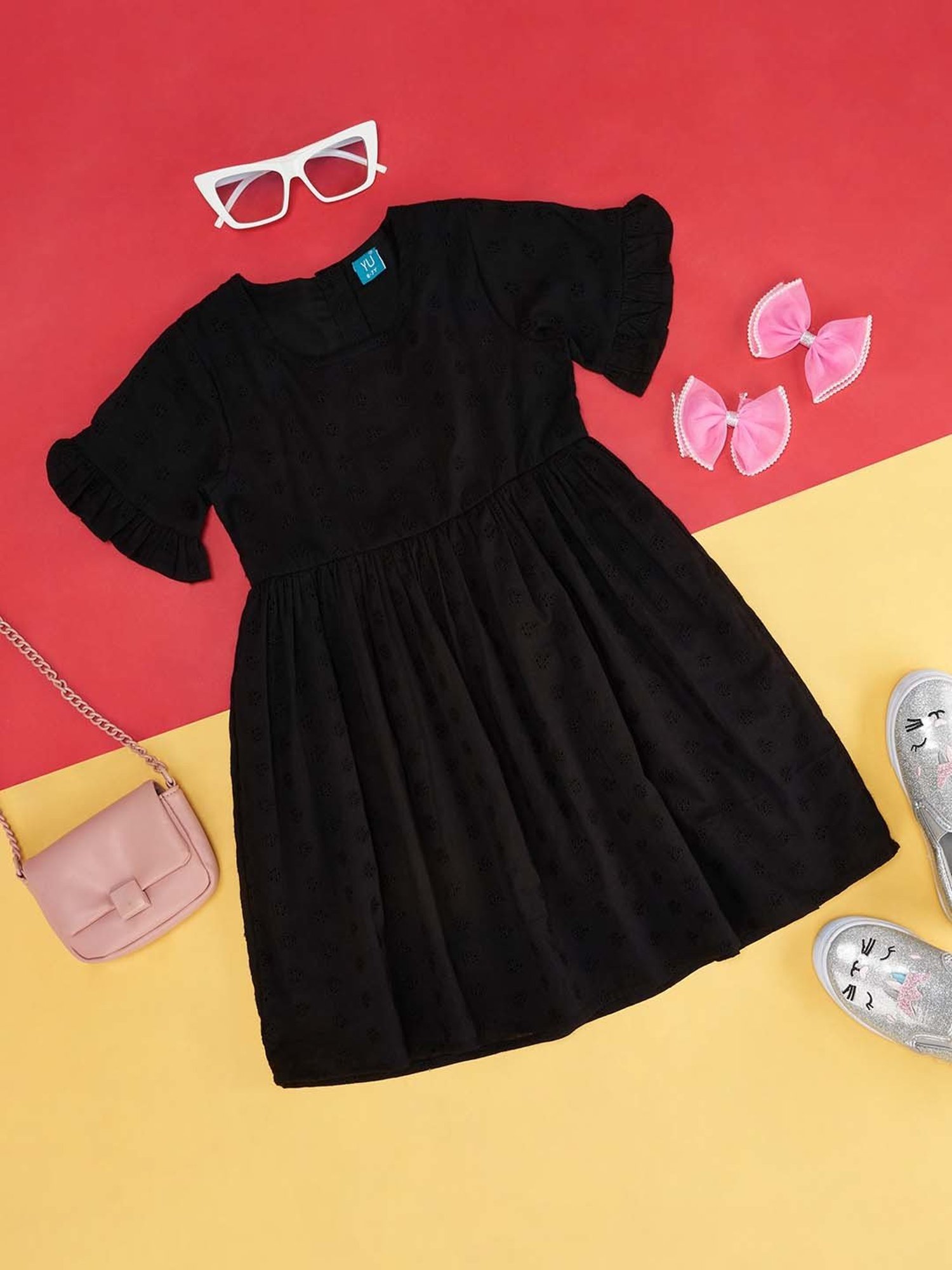 YU by Pantaloons Kids Black Cotton Flared Fit Dress