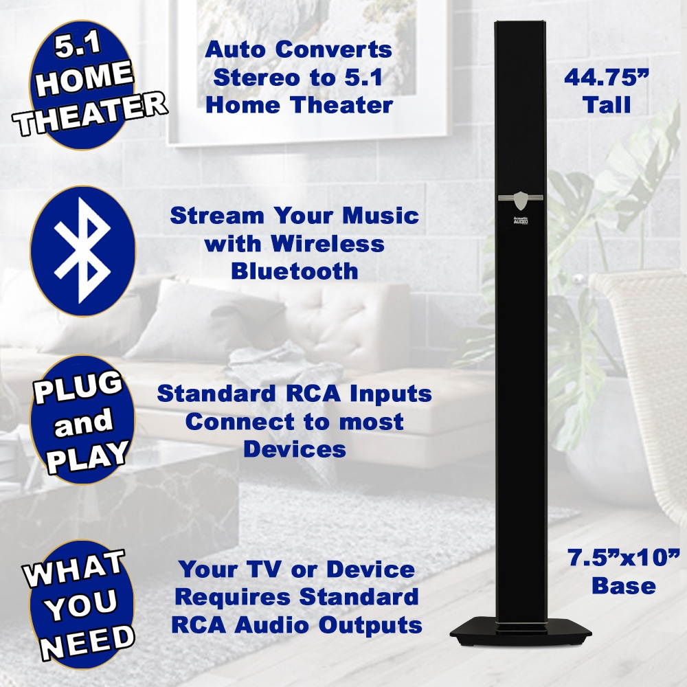 Acoustic Audio AAT1003 Bluetooth Tower 5.1 Speaker System with Optical Input and 2 Extension Cables