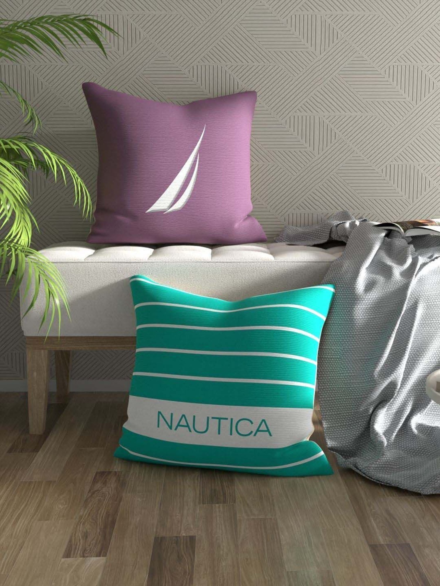 Nautica Logo Stripe Grape & Mint Microfibre 300 GSM Premium Cushion Covers - Set of 2