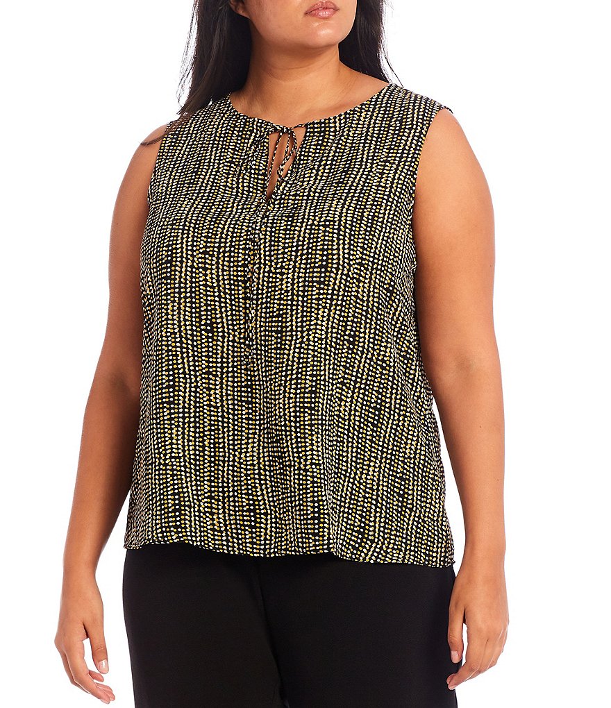 Kasper Plus Size Keyhole Tie Neck Sleeveless Printed Top