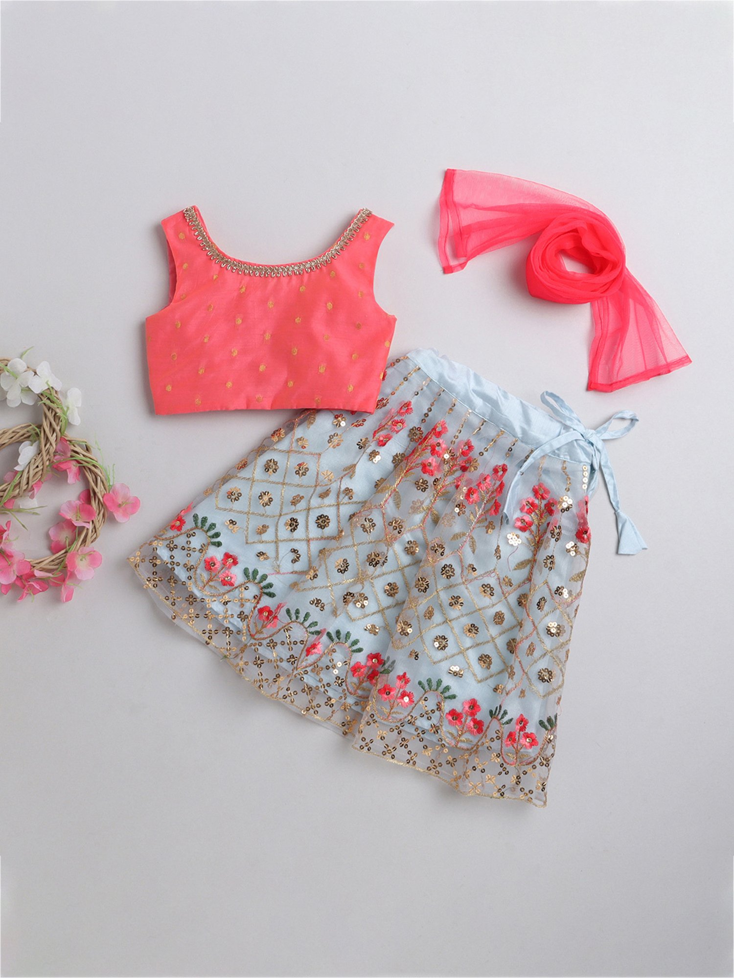 Many Frocks Kids Coral & Grey Embellished Lehenga, Choli with Dupatta