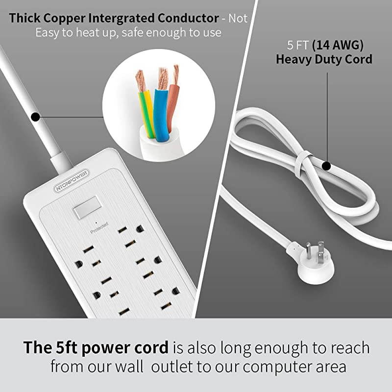 Power Strip with USB,  Flat Plug Surge Protector, 10 Ft Extension Cord ,12 Outlets and 3 USB Ports, 2100 Joules,1875W/15A, Wall Mount for Home Office Accessories, White