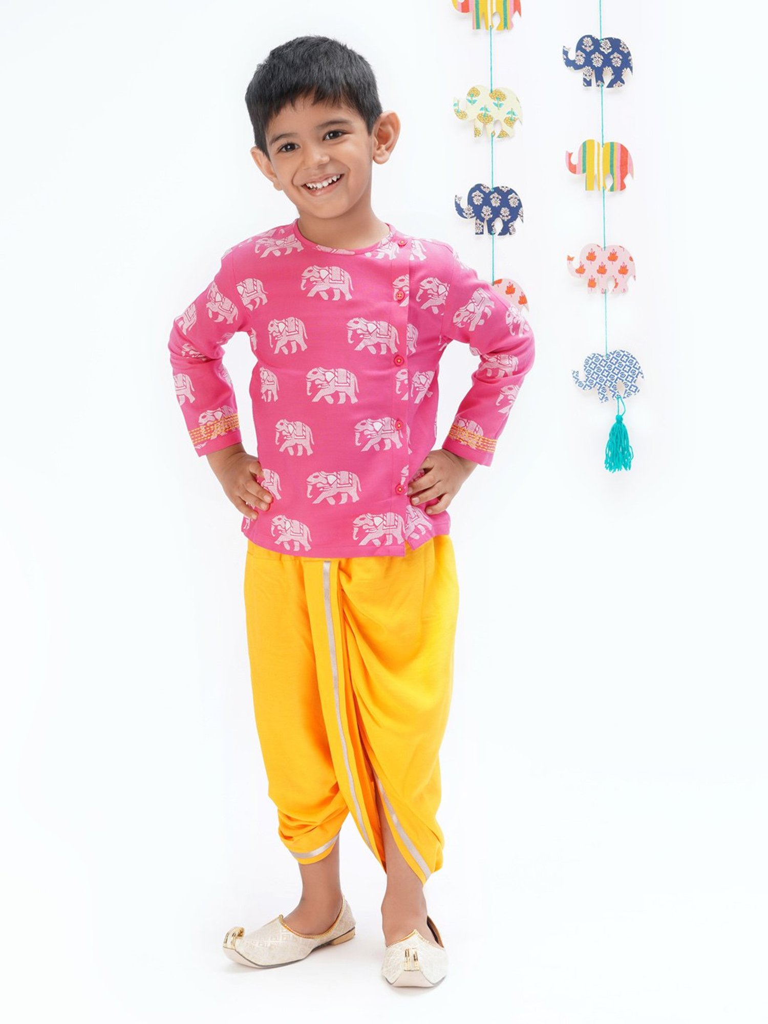Lil Drama Kids Pink & Yellow Printed Full Sleeves Kurta with Dhoti