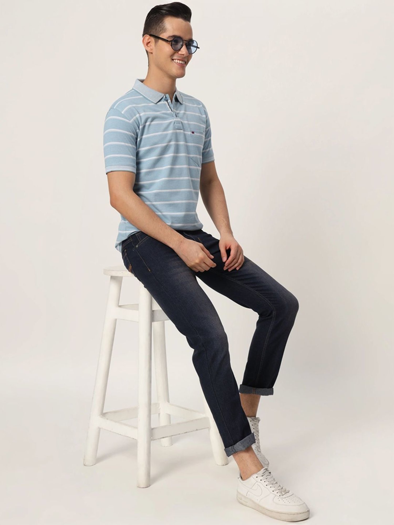 Tab91 Blue Regular Fit Striped Polo T-Shirts