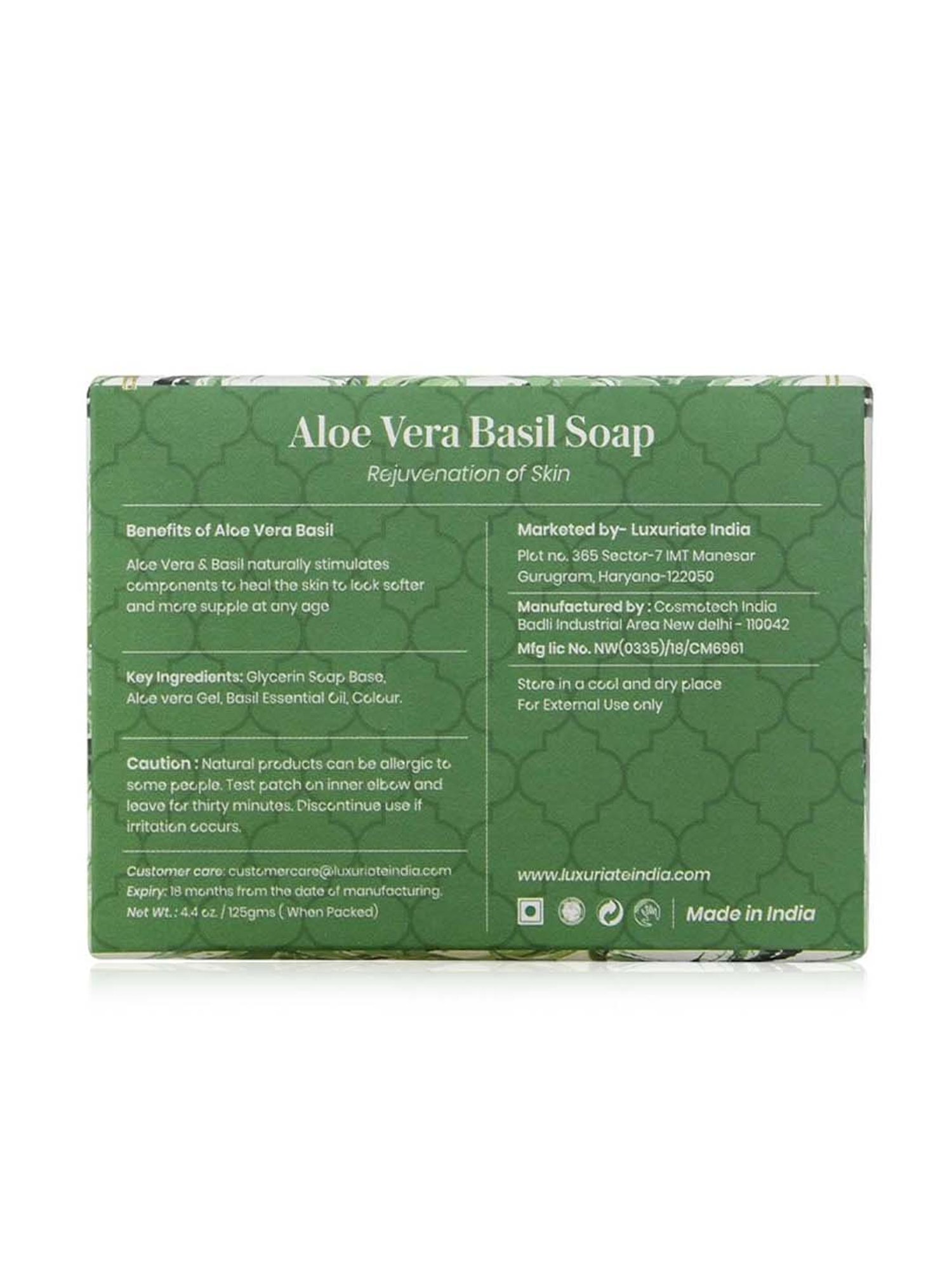 Luxuriate Naturally Refreshing Aloe Vera and Basil Soaps For Rejuvenation of Skin - 125 gm