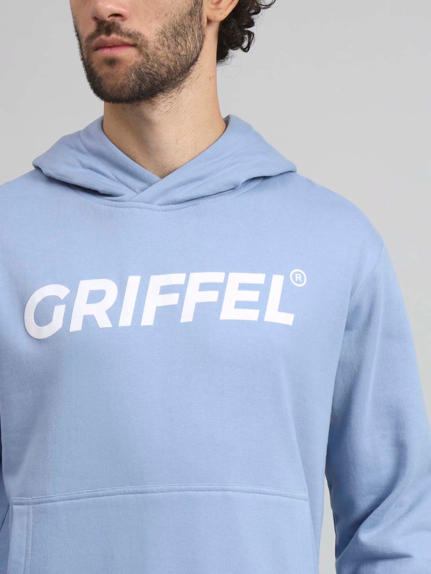 GRIFFEL Sky Blue & Black Regular Fit Logo Print Hooded Sweatshirt & Trackpants Set