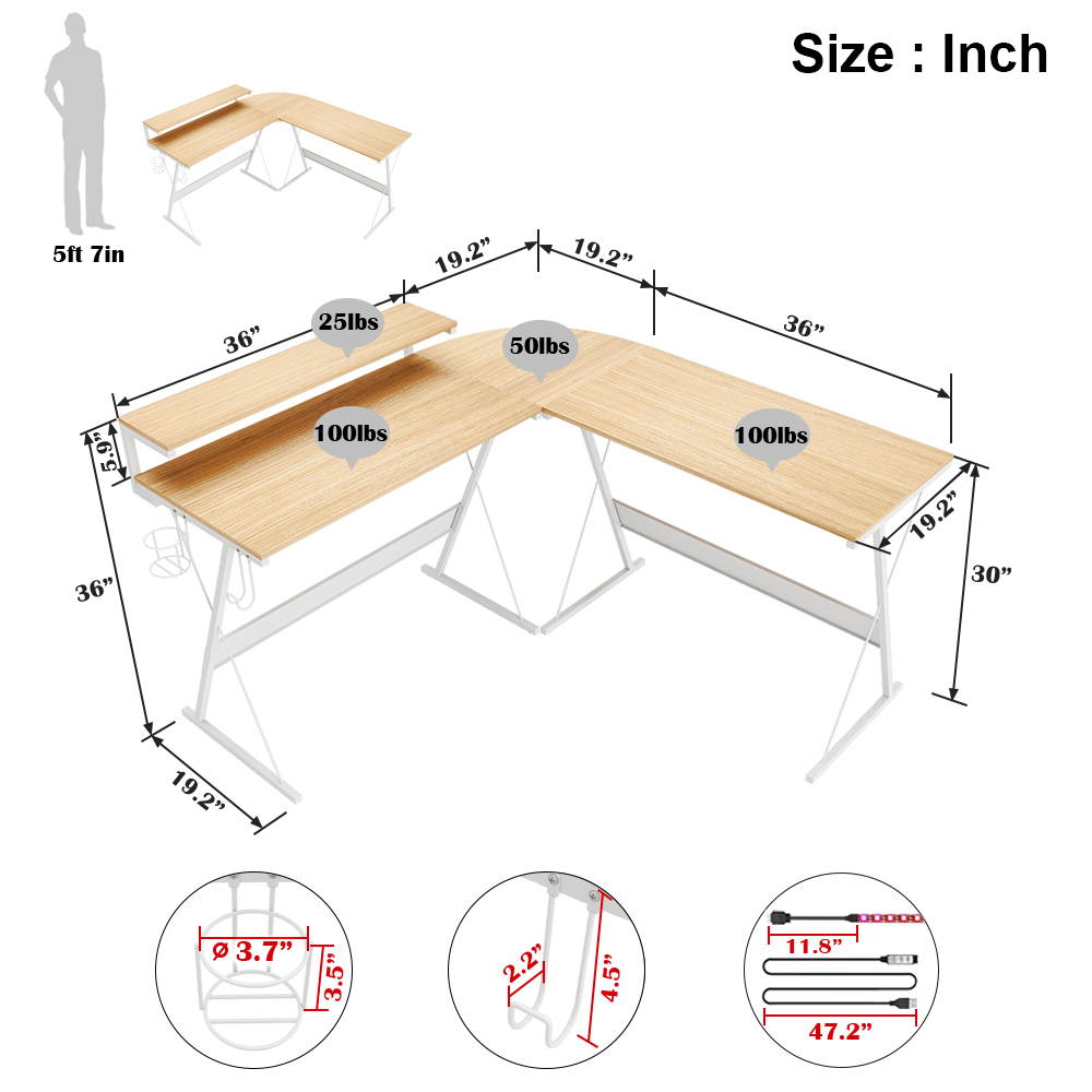 Bestier 55.2" Gaming Desk Racing Style PC Computer Desk L-Shaped Desk Corner Home Office Table with Ergonomic Monitor Stand & RGB Strip Light & Multifunctional Hook (Black Carbon Fiber)