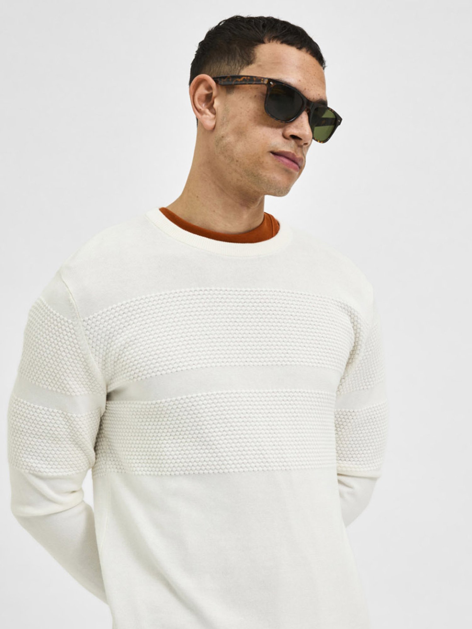 SELECTED HOMME Egret Cotton Regular Fit Texture Sweater