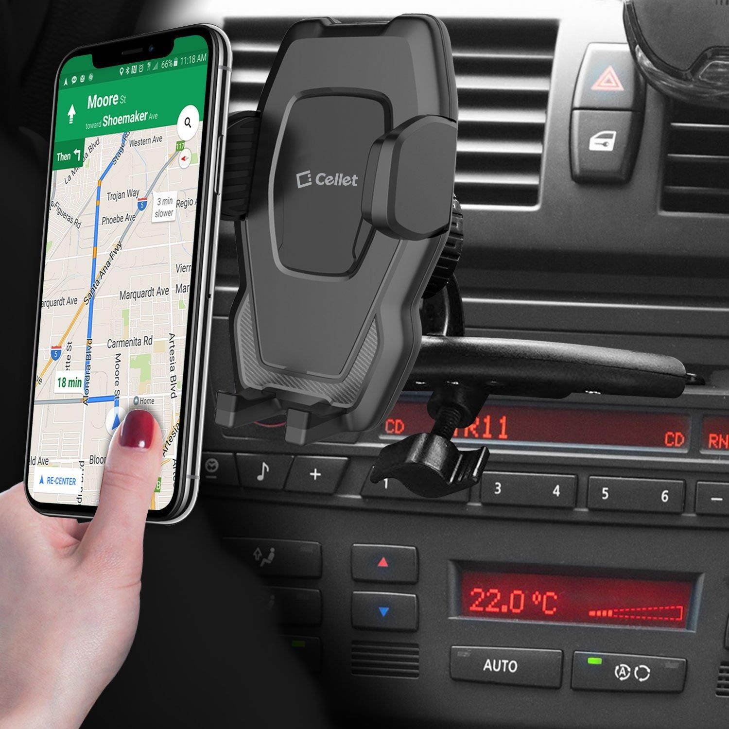 Cellet CD Slot Car Phone Holder, Mount, Cradle with Three-Side Grips and One-Touch Design Compatible for iPhone Xs/Max/Xr/X/8/8Plus/7/6/5 Note 9/8/5 Galaxy S9/8/7/6 Google Pixel XL Motorola LG HTC ETC