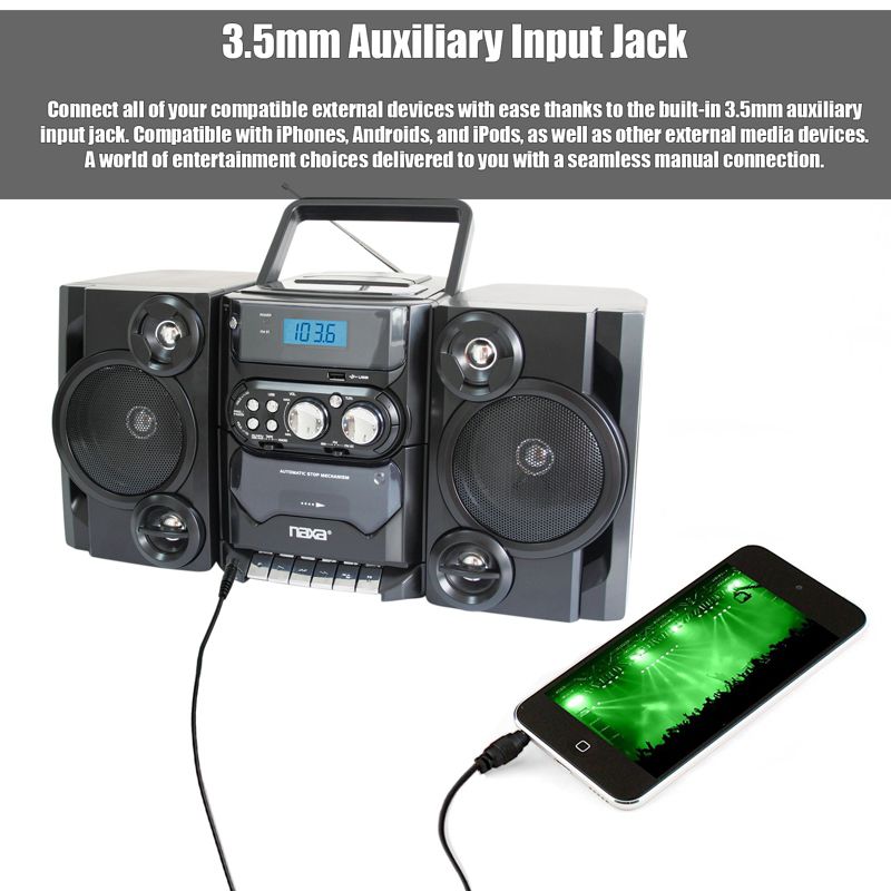 Naxa Portable MP3/CD Player with AM/FM Stereo Radio Cassette Player/Recorder, Twin Detachable Speakers, Remote Control & USB Input