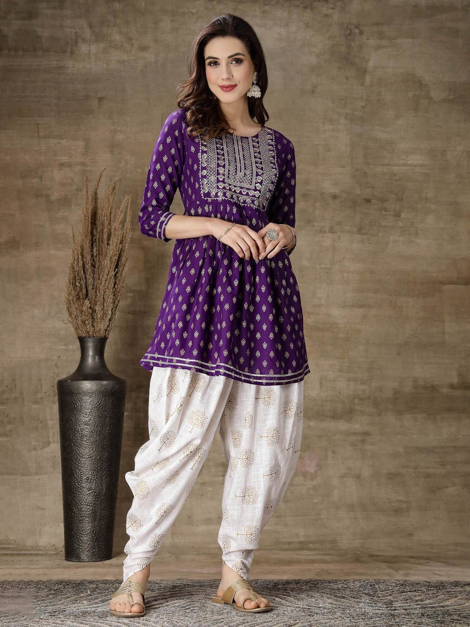 Stylum Violet Rayon Embroidered Kurti With Dhoti Pants