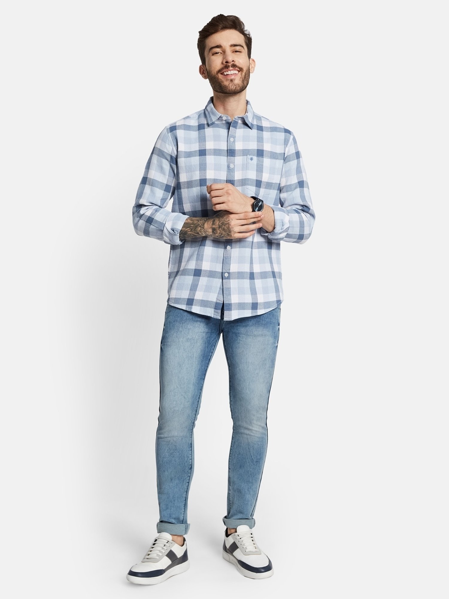 Mettle Blue Cotton Regular Fit Checks Shirt
