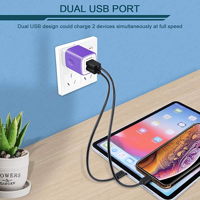 2Pcs  Foldable Charger Plug Dual Port Flat Smart IC USB Wall Charger Box Base Block for Phone XR Max XS X Galaxy S10e 10+ Plus S9 S8 J8 Fire 10 Pixel Moto Sony HTC Honor EarbudsPurple
