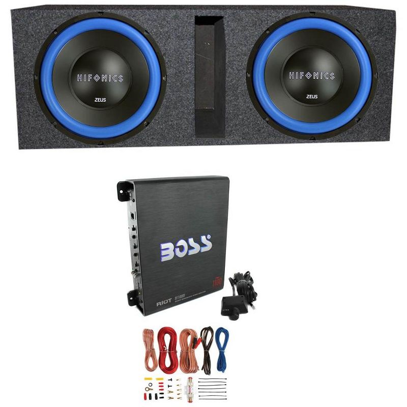 2) Hifonics ZW12D4 Zeus 12" 1200W Car Subwoofers + Mono Amplifier+Amp Kit+Box